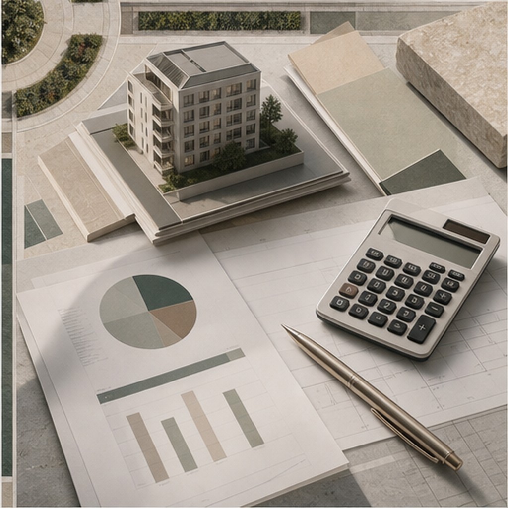 Taschenrechner, Diagramme und Gebäudemodell auf einem Tisch