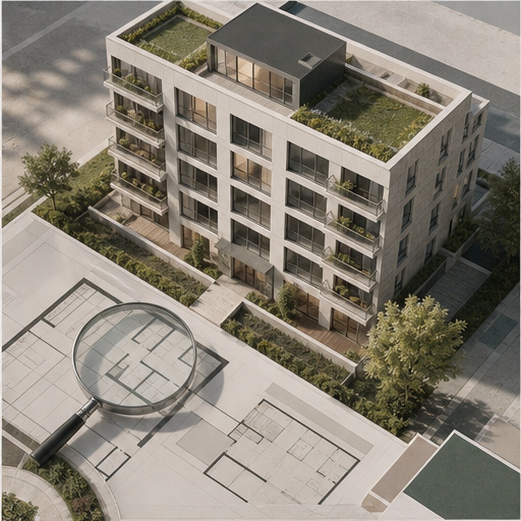 Mehrfamilienhaus-Modell mit Lupe über Grundrissplänen
