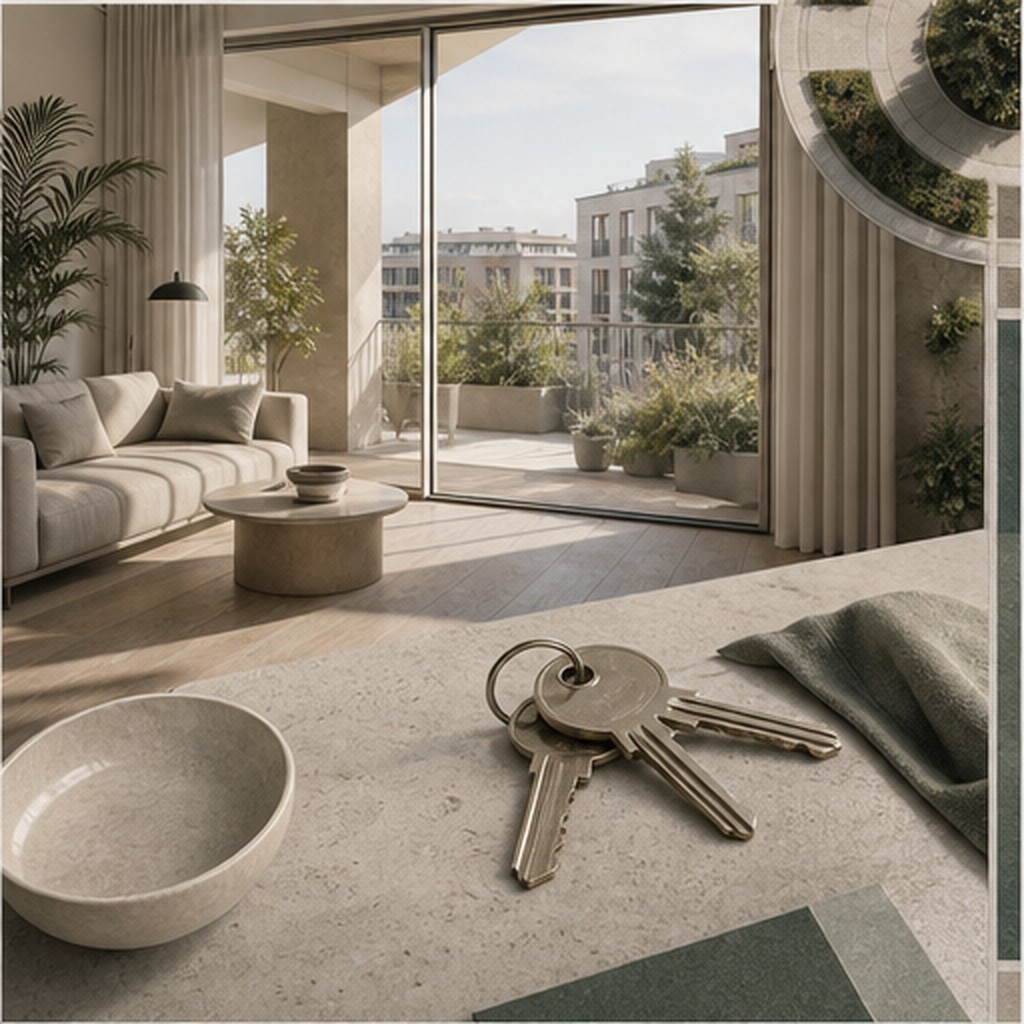 Helles Wohnzimmer mit Balkon und Wohnungsschlüsseln